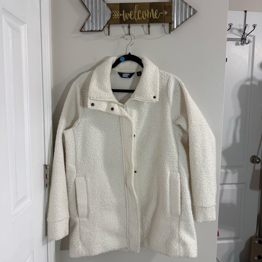 Lands' End Cream Teddy Sherpa Jacket Size Large